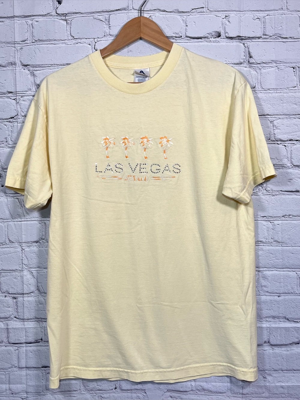 Vintage Las Vegas T Shirt Womens Size Large Yellow Tropical Bedazzled